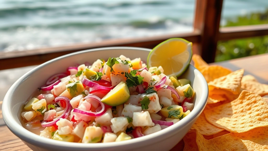 Fresh ceviche in a white ceramic bowl with diced white fish, red onion, cilantro, avocado slices, and lime wedges, garnished with crispy tortilla chips on the side, served on a wooden table overlooking the ocean with soft afternoon sunlight