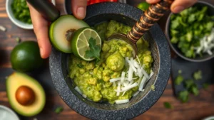 Overhead shot of molcajete with fresh guacamole being prepared tableside, showing avocado, lime, cilantro, and white onions with traditional volcanic stone mortar, warm restaurant lighting, shallow depth of field