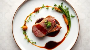 Overhead view of an elegantly plated fine dining course featuring perfectly seared duck breast with rendered crispy skin, dark reduction sauce, microgreens, and seasonal vegetables arranged on white ceramic plate