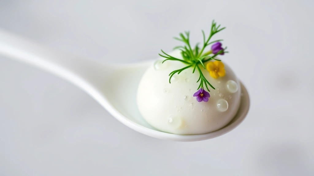Close-up of a delicate amuse-bouche featuring a single oyster mousse topped with cucumber water droplets, fresh dill fronds, and edible flowers on a minimalist white spoon