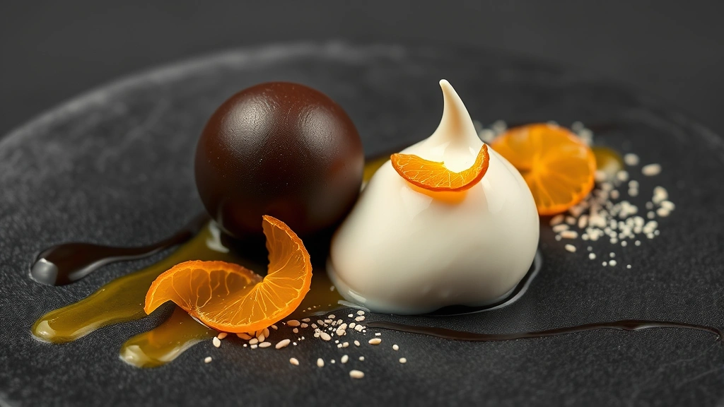 Artistic plated dessert composition showcasing dark chocolate sphere, quenelle of white crème fraîche ice cream, candied orange peel, sesame tuile, and fleur de sel on slate plate with artistic sauce drizzle
