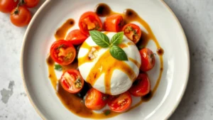 Overhead shot of elegantly plated burrata appetizer with heirloom tomatoes, basil oil, and balsamic reduction on white ceramic plate, natural soft lighting