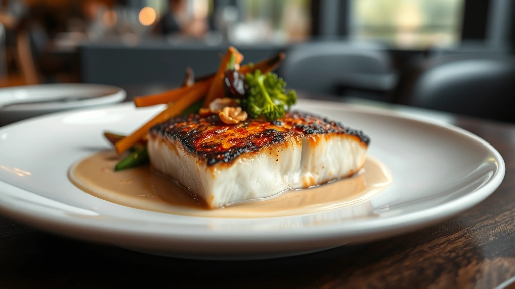 Close-up of perfectly seared halibut fillet with crispy skin, seasonal roasted vegetables, and silky sauce on modern white plate, restaurant lighting