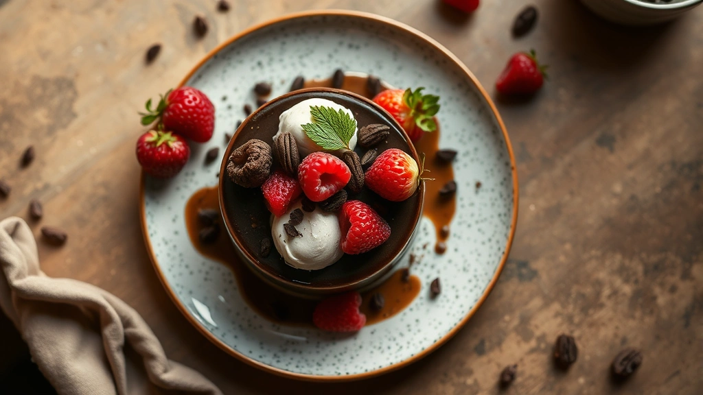 Overhead view of artisanal chocolate torte dessert with cocoa nibs, fresh berries, and delicate plating on speckled ceramic plate, warm ambient lighting