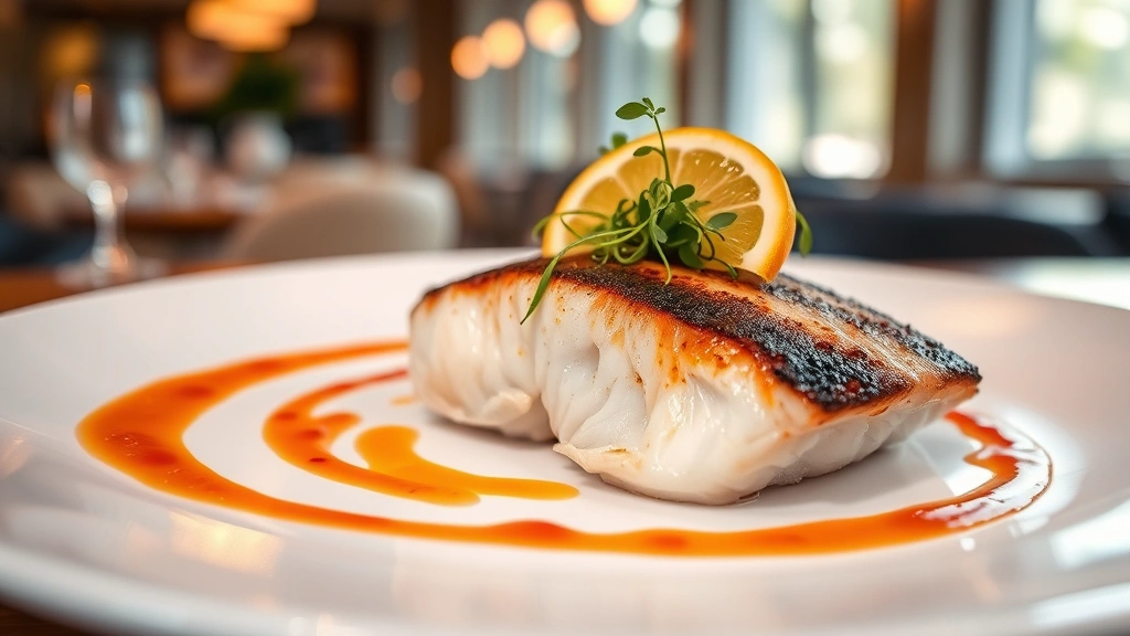 Elegantly plated seafood entrée with seared fish, vibrant sauce swirl, microgreens, and citrus garnish on white plate against soft-focus restaurant lighting background