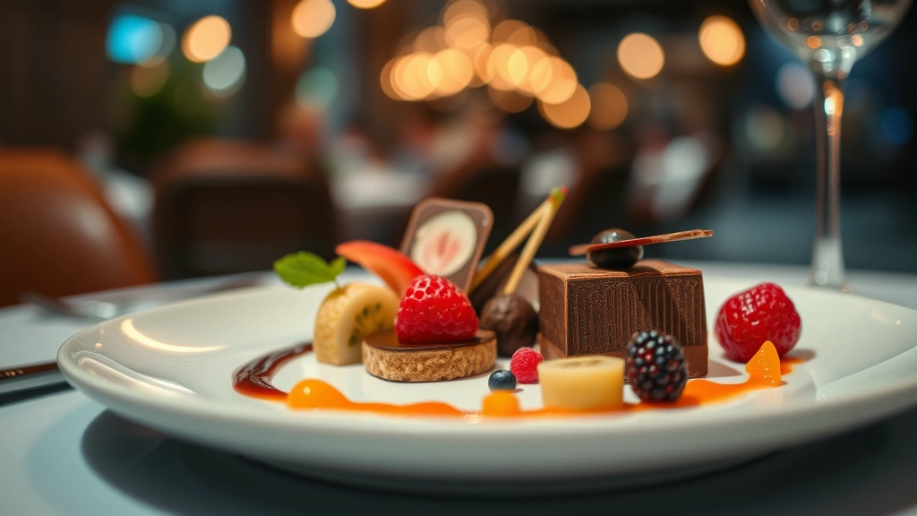 Fine dining dessert presentation featuring chocolate element, fresh fruit components, delicate pastry work, and artistic plating on white ceramic dish with ambient dining room bokeh
