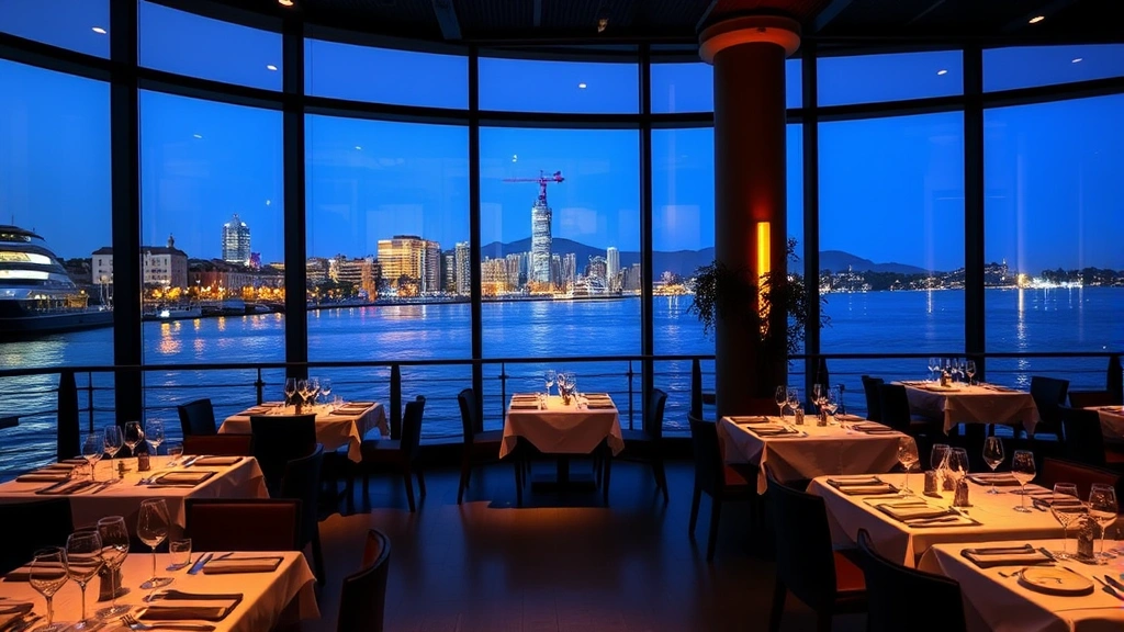 Waterfront restaurant dining room interior showing floor-to-ceiling windows with city lights reflecting off water, elegant place settings, soft warm lighting, and sophisticated modern decor