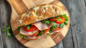 Overhead shot of artisanal gourmet sandwich on wooden board with crusty bread, layered premium meats, fresh greens, and colorful vegetables, natural lighting, shallow depth of field