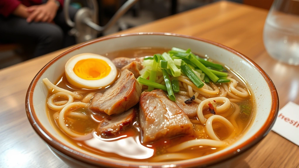 Steaming bowl of authentic Japanese ramen with rich broth, tender chashu pork, soft-boiled egg halved, fresh noodles, green onions, and sesame seeds, steam rising, restaurant setting