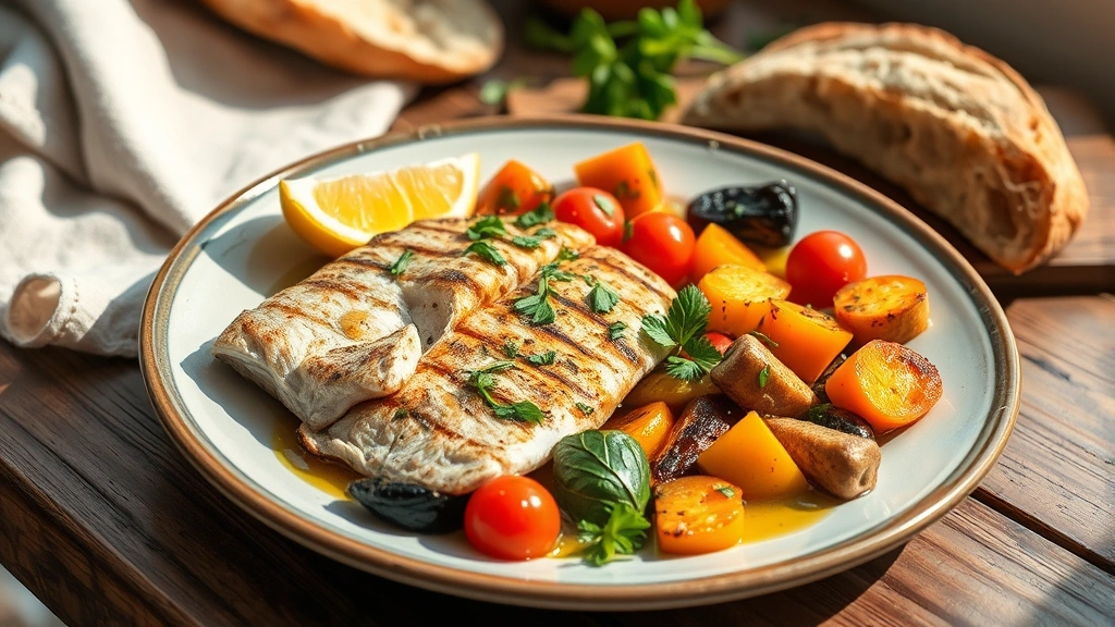 Vibrant Mediterranean lunch plate featuring grilled fish fillet, roasted seasonal vegetables, fresh herbs, olive oil drizzle, lemon wedge, artisanal bread, rustic table setting, warm natural light