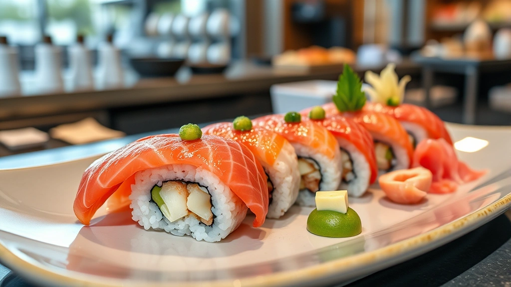 Pristine sushi platter with nigiri featuring glistening raw fish, perfectly pressed rice, vibrant wasabi, and fresh ginger on elegant ceramic plate, professional sushi bar setting with soft lighting