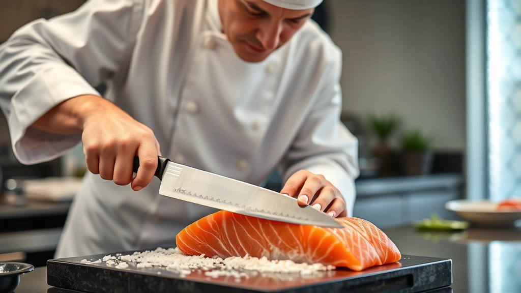 Master sushi chef in white chef's coat and headband executing precise knife work on fresh salmon, sharp blade gleaming, rice-filled counter visible, focused concentration on face, authentic sushi restaurant kitchen