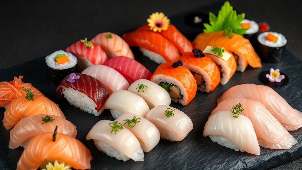 Artfully arranged assorted nigiri and rolls on dark slate board, showcasing various fish types with different colors and textures, garnished with microgreens and edible flowers, professional food photography lighting