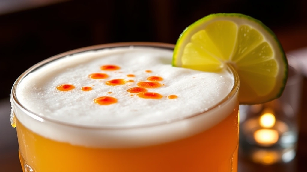 Close-up of vibrant pisco sour cocktail with silky egg white foam crown, garnished with Angostura bitters lines, fresh lime wheel, clear glassware catching warm restaurant lighting, condensation on glass