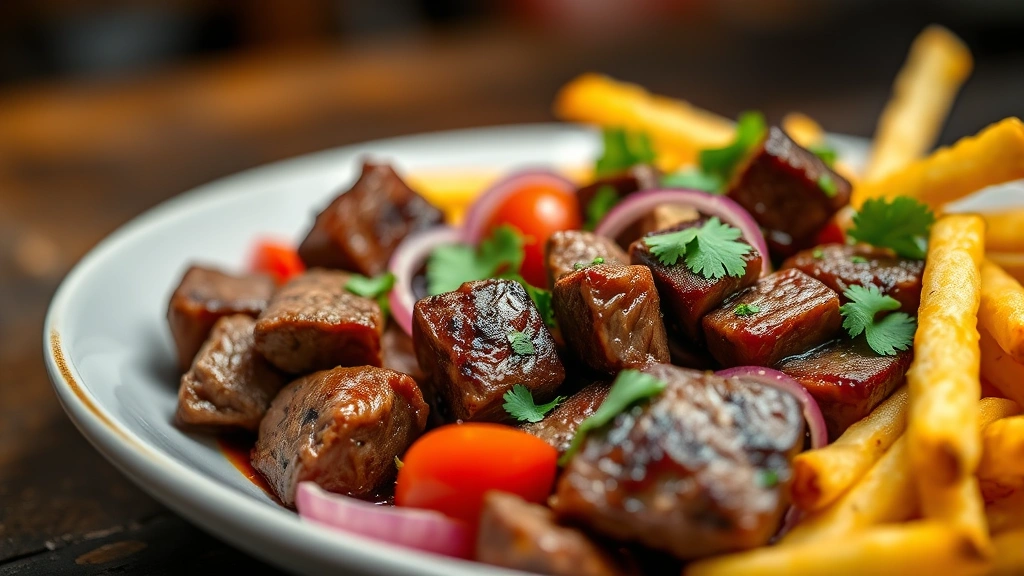 Plated lomo saltado with perfectly seared beef cubes showing caramelization, glossy red onions and tomatoes, crispy golden french fries, garnished with fresh cilantro, shallow depth of field, warm atmospheric lighting