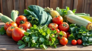 Farm-fresh vegetables at peak ripeness displayed on a rustic wooden table with morning dew still visible, including heirloom tomatoes, local Wisconsin corn, and seasonal greens in natural sunlight