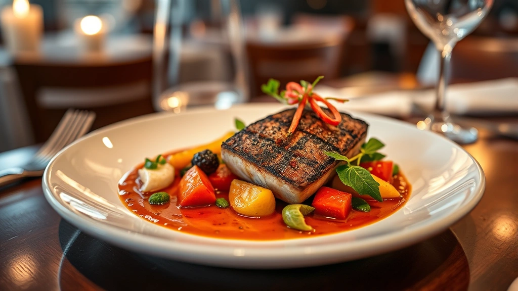 Fine dining plated dish featuring perfectly seared protein with vibrant vegetable components and artistic sauce work, photographed with shallow depth of field in an elegant restaurant setting