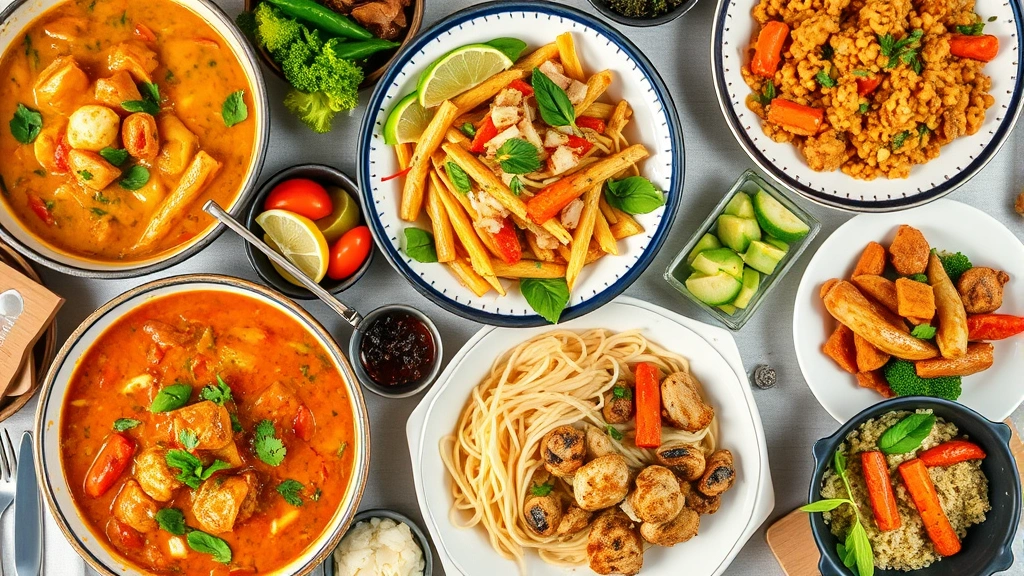 Overhead view of a colorful spread of international dishes including Thai curry, Peruvian ceviche, Italian pasta, and Korean side dishes arranged on a table ready to be shared