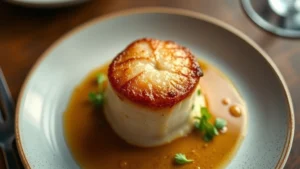Overhead shot of a perfectly seared scallop with golden crust, sitting atop creamy brown butter sauce with microgreens garnish, professional restaurant plating, warm lighting, shallow depth of field