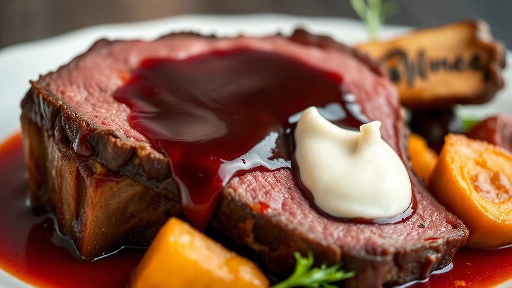 Close-up of a grass-fed beef short rib with glossy red wine reduction, horseradish cream dollop, and roasted root vegetables, steam rising slightly, fine dining presentation, elegant plate composition