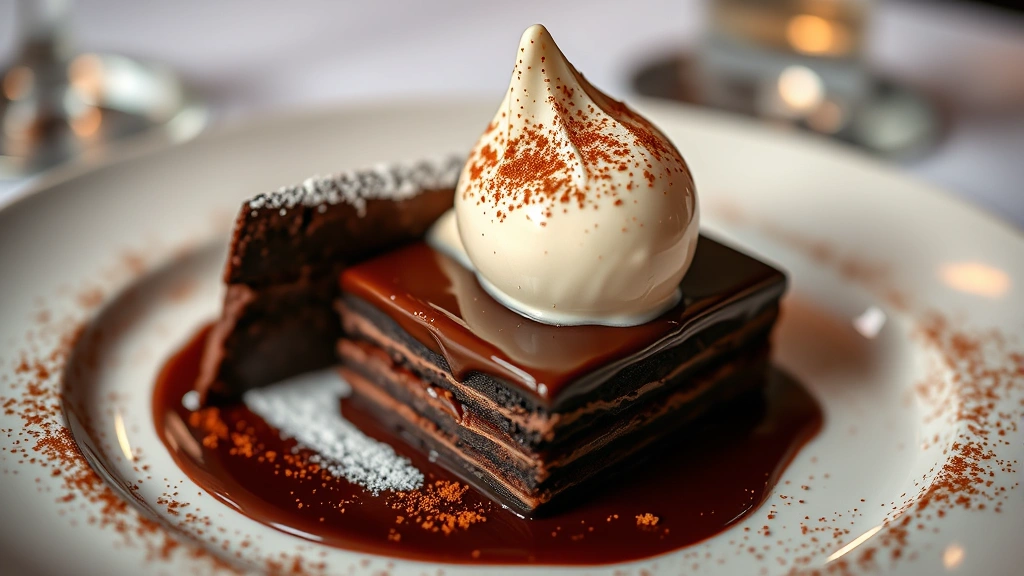 Artfully plated chocolate torte dessert with dark layers, silky ganache glaze, melting vanilla bean ice cream quenelle, dusted cocoa powder, soft ambient lighting, fine dining style photography