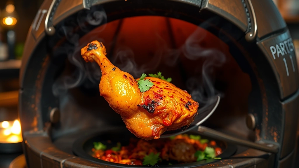 Tandoori chicken emerging from clay tandoor oven, vibrant red-orange exterior with charred blistering, smoke wisping, fresh cilantro garnish, professional restaurant setting with warm lighting