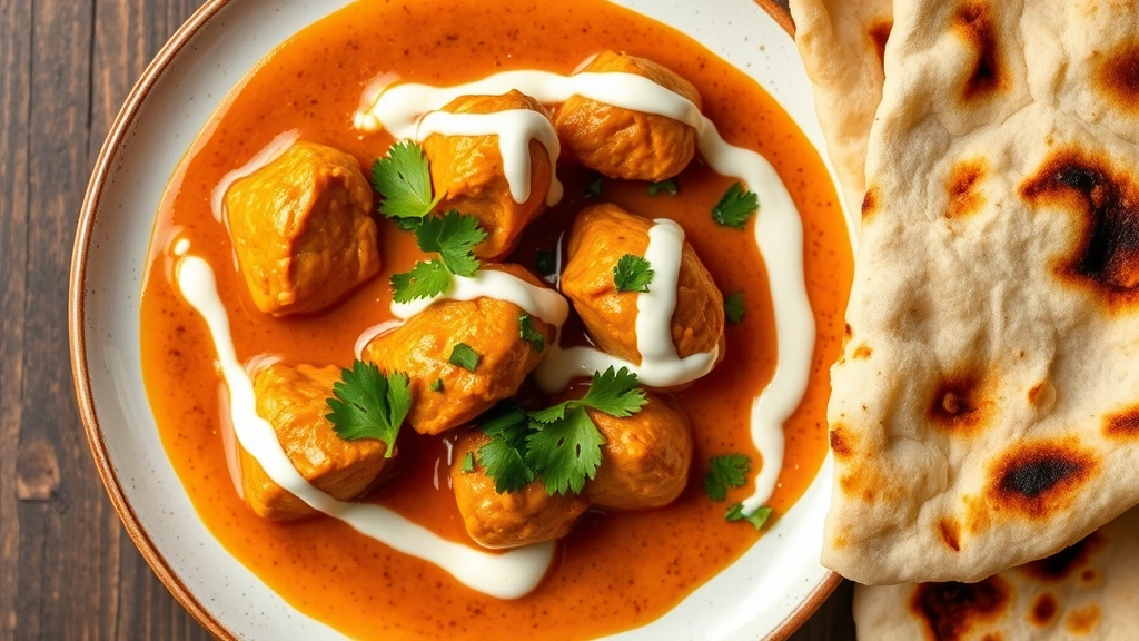 Overhead plating of rich butter chicken curry, silky tomato cream sauce coating tender meat pieces, garnished with fresh cilantro and cream drizzle, alongside warm naan bread with char marks, aromatic steam visible