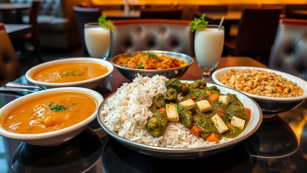 Elegant spread of Indian curry dishes on restaurant table: golden dal, vibrant green palak paneer, aromatic biryani rice with visible whole spices, traditional lassi in frosted glass, garnishes of cilantro and lime, warm ambient lighting