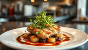 Artfully plated fine dining course with microgreens, reduction sauce drizzle, and premium protein centerpiece on white ceramic dish, professional restaurant kitchen lighting, shallow depth of field, shallow depth of field