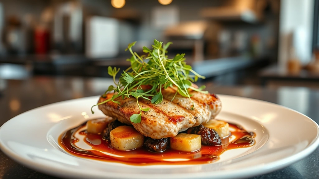 Artfully plated fine dining course with microgreens, reduction sauce drizzle, and premium protein centerpiece on white ceramic dish, professional restaurant kitchen lighting, shallow depth of field, shallow depth of field