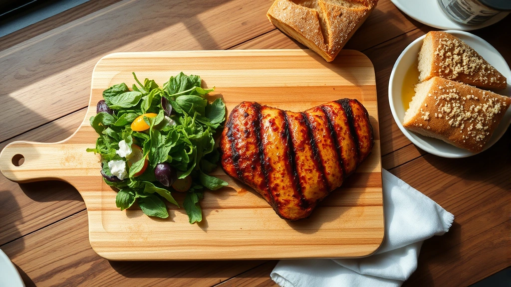 Overhead shot of colorful casual restaurant meal with wood cutting board, crispy golden-brown meat, fresh green salad, rustic bread, wooden table with natural window light streaming across