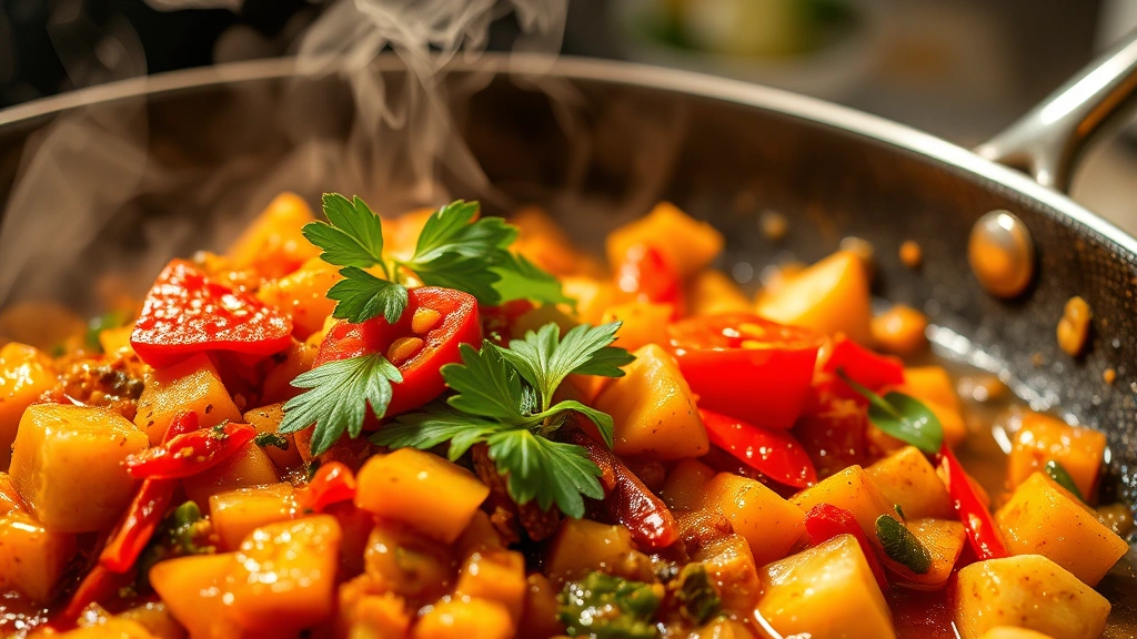 Close-up of international dish preparation showing vibrant spices, fresh herbs, sizzling pan with aromatic ingredients, steam rising, authentic culinary technique demonstration, warm ambient lighting
