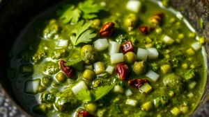 Close-up of vibrant green salsa verde with charred poblano peppers, cilantro leaves, and diced white onions in a traditional molcajete, warm natural lighting highlighting the fresh ingredients and texture