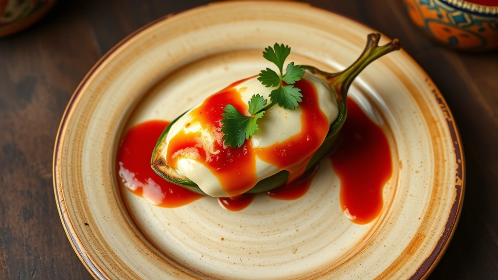 Overhead shot of a perfectly plated chile relleno with creamy oaxaca cheese filling, bright red ranchero sauce, and fresh cilantro garnish on a warm ceramic plate with rustic Mexican pottery aesthetic