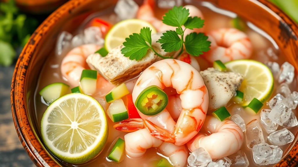 Artfully arranged ceviche bowl with translucent mahi-mahi, bright pink shrimp, diced cucumber, jalapeño slices, and lime juice creating a glossy finish, garnished with cilantro and served in a traditional clay bowl with crushed ice