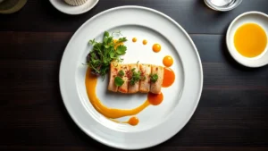 Overhead flat lay of an artfully plated fine dining dish featuring pristine protein, colorful microgreens, and elegant sauce elements on white ceramic plate with dark restaurant backdrop