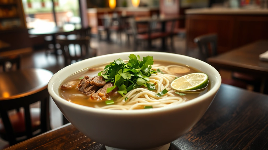 Steaming bowl of pho with fragrant broth, tender rice noodles, fresh herbs, lime wedge, and sliced beef in authentic Vietnamese restaurant setting with natural warm lighting