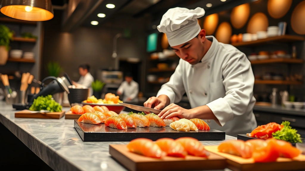 Vibrant open kitchen counter scene showing professional sushi chef in white chef's coat carefully preparing nigiri with precision knife work and fresh raw fish