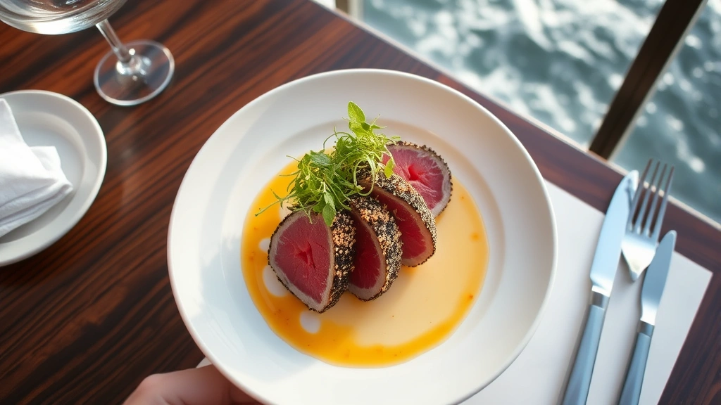 Overhead view of elegantly plated ahi tuna with sesame crust, microgreens, and yuzu ponzu sauce on white ceramic dishware, restaurant table setting with ocean view background