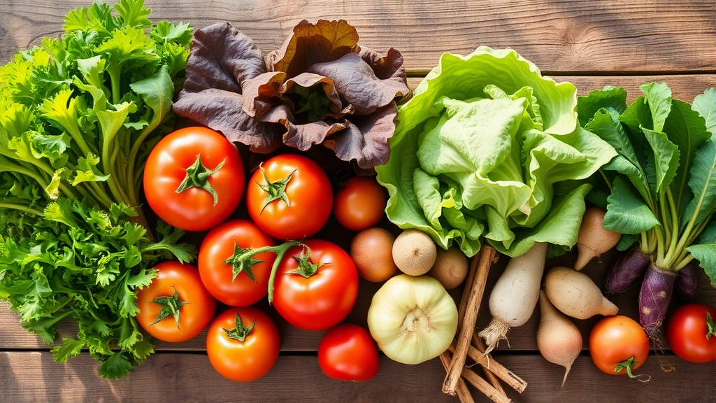 Farm-fresh Upcountry Maui vegetables arranged on rustic wooden surface including heirloom tomatoes, delicate lettuces, root vegetables, morning light highlighting natural colors and textures