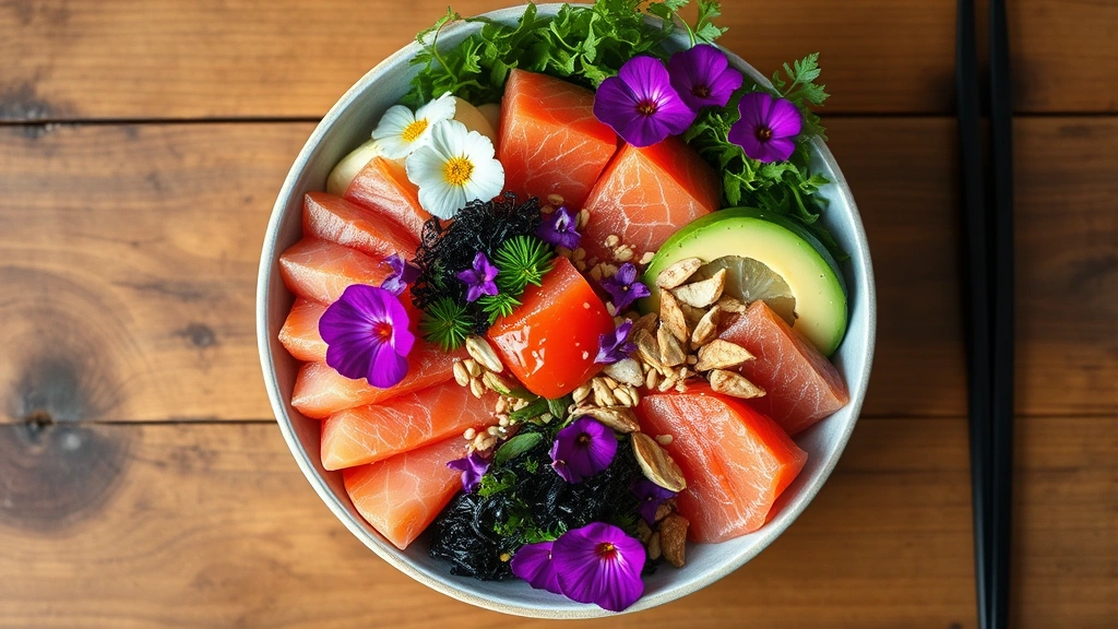 Colorful poke bowl with multiple preparations of raw fish, edible flowers, crispy seaweed, avocado, and sesame seeds, vibrant overhead composition on wooden table