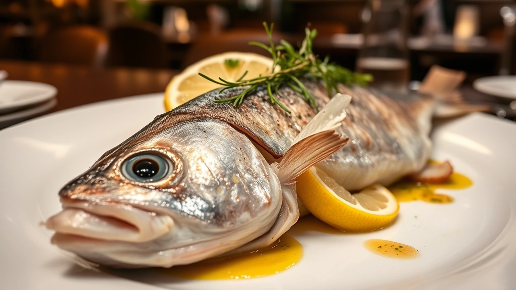 Close-up of pristine whole branzino with glistening skin, fresh lemon wedges, aromatic fennel sprigs, and herbs arranged on white ceramic plate with subtle sauce drizzle, professional fine dining presentation, warm restaurant lighting