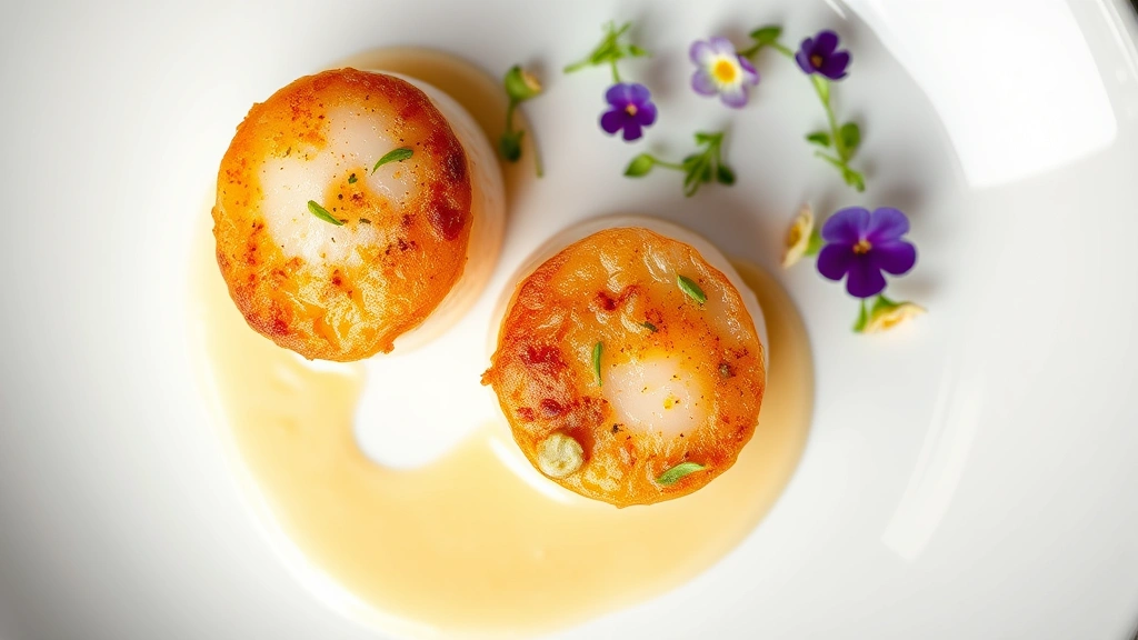 Overhead view of perfectly seared scallops with golden crust, silken beurre blanc sauce, microgreens, and edible flowers on modern white plate, elegant fine dining plating, shallow depth of field highlighting texture
