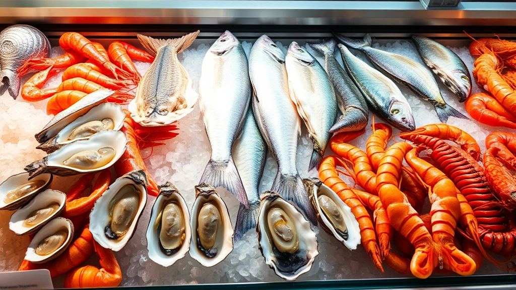 Artfully arranged seafood display showing fresh oysters on ice, whole fish with bright eyes, pristine shrimp, and lobster claws in professional restaurant case, natural lighting emphasizing freshness and quality