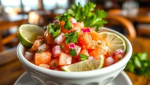 Close-up of vibrant ceviche in a white ceramic bowl with fresh lime wedges, cilantro garnish, and diced red onions, Pacific coastal restaurant setting with natural daylight