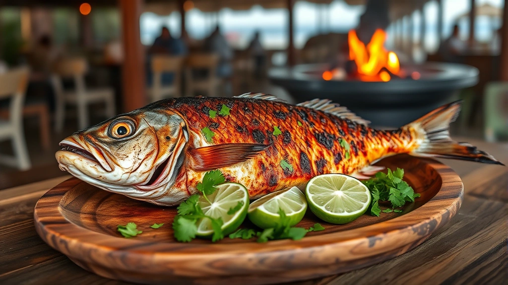 Perfectly charred whole grilled fish on a rustic wooden plate with lime halves and fresh cilantro, charcoal grill visible in soft-focus background, beach restaurant ambiance