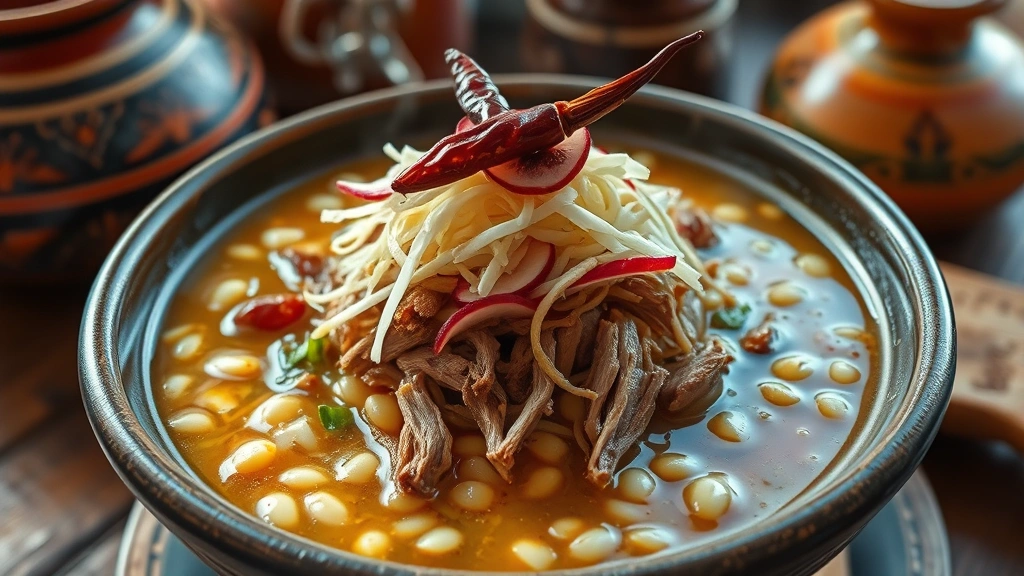 Steaming bowl of traditional pozole with hominy, tender shredded pork, topped with shredded cabbage, radishes, and dried chili garnish, rustic Mexican pottery, warm kitchen lighting