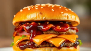 Close-up of Japanese Teriyaki McDonald's burger with glossy soy-ginger glaze, sesame seeds, and perfectly toasted bun, steam rising, professional food photography