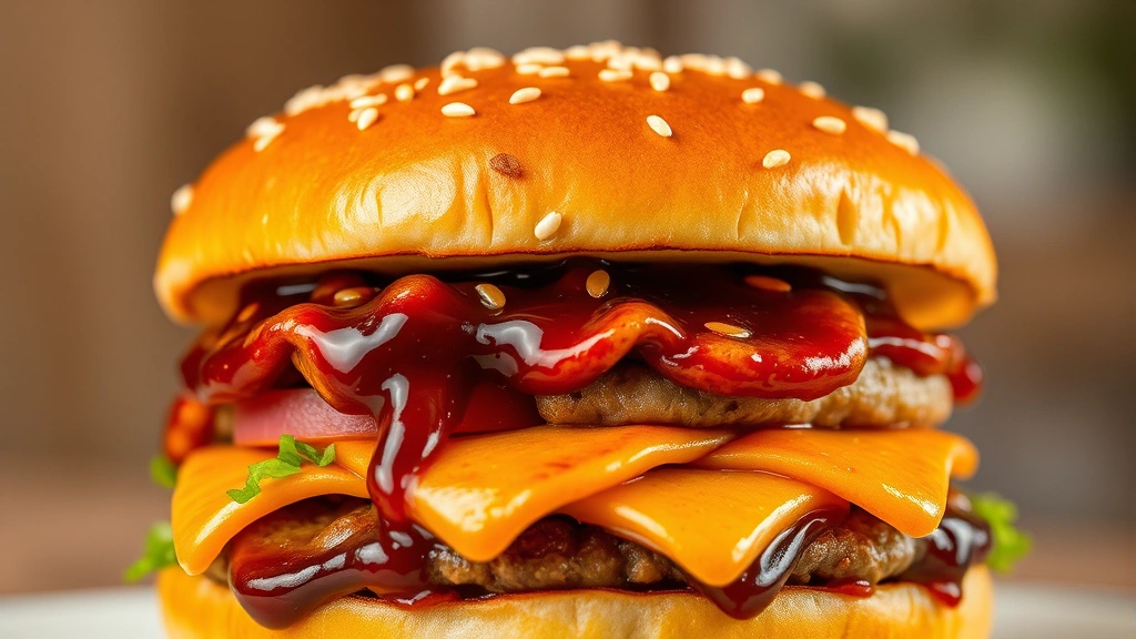 Close-up of Japanese Teriyaki McDonald's burger with glossy soy-ginger glaze, sesame seeds, and perfectly toasted bun, steam rising, professional food photography