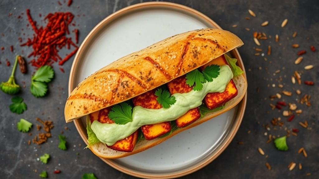 Overhead shot of Indian McSpicy Paneer sandwich with golden-fried cottage cheese, mint green mayo, fresh cilantro garnish, vibrant spices scattered around plate